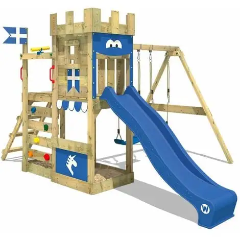 WICKEY Aire De Jeux Portique Bois RoyalFlyer Avec Balançoire Et Toboggan Bleu Maison Enfant Exterieur Avec Bac à Sable, échelle D'escalade & Accessoires De Jeux