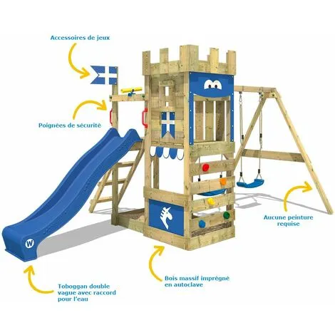 WICKEY Aire De Jeux Portique Bois RoyalFlyer Avec Balançoire Et Toboggan Bleu Maison Enfant Exterieur Avec Bac à Sable, échelle D'escalade & Accessoires De Jeux – Image 2