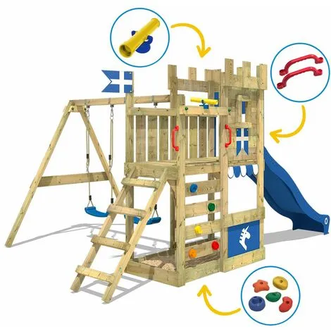 WICKEY Aire De Jeux Portique Bois RoyalFlyer Avec Balançoire Et Toboggan Bleu Maison Enfant Exterieur Avec Bac à Sable, échelle D'escalade & Accessoires De Jeux – Image 3