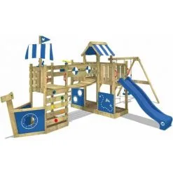 WICKEY Aire De Jeux Portique Bois ArcticFlyer Avec Balançoire Et Toboggan Bleu Cabane Enfant Exterieur Avec Bac à Sable, échelle D'escalade & Accessoires De Jeux