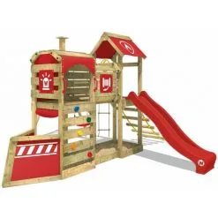 WICKEY Aire De Jeux Portique Bois SteamFlyer Avec Balançoire Et Toboggan Rouge Cabane Enfant Exterieur Avec Bac à Sable, échelle D'escalade & Accessoires De Jeux