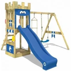 WICKEY Aire De Jeux Portique Bois KnightFlyer Avec Balançoire Et Toboggan Bleu Maison Enfant Exterieur Avec Bac à Sable, échelle D'escalade & Accessoires De Jeux