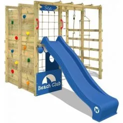 WICKEY Aire De Jeux Portique Bois Smart Allstar Avec Toboggan Bleu Échafaudage Grimpant Avec Mur D'escalade & Accessoires De Jeux
