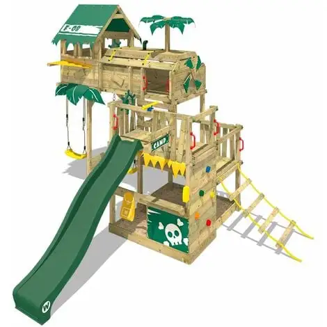 WICKEY Aire De Jeux Portique Bois Smart Castaway Avec Balançoire Et Toboggan Vert Cabane Enfant Exterieur Avec Bac à Sable, échelle D'escalade & Accessoires De Jeux