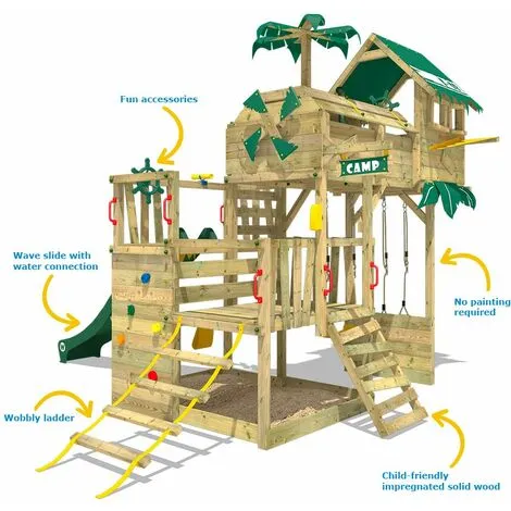 WICKEY Aire De Jeux Portique Bois Smart Castaway Avec Balançoire Et Toboggan Vert Cabane Enfant Exterieur Avec Bac à Sable, échelle D'escalade & Accessoires De Jeux – Image 2