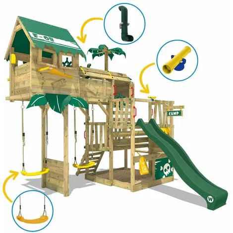 WICKEY Aire De Jeux Portique Bois Smart Castaway Avec Balançoire Et Toboggan Vert Cabane Enfant Exterieur Avec Bac à Sable, échelle D'escalade & Accessoires De Jeux – Image 3