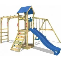 WICKEY Aire De Jeux Portique Bois Smart Bridge Avec Balançoire Et Toboggan Bleu Maison Enfant Exterieur Avec Bac à Sable, échelle D'escalade & Accessoires De Jeux