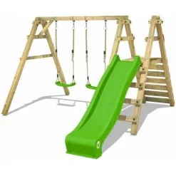 WICKEY Portique Balançoire Aire De Jeux Sky Slider Prime Avec Toboggan Vert Pomme
