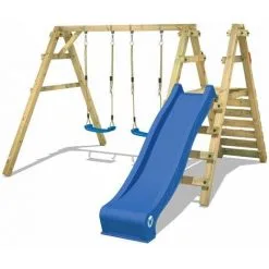 WICKEY Portique Balançoire Aire De Jeux Sky Slider Prime Avec Toboggan Bleu