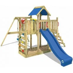 WICKEY Aire De Jeux Portique Bois TwinFlyer Avec Balançoire Et Toboggan Bleu Maison Enfant Exterieur Avec Bac à Sable, échelle D'escalade & Accessoires De Jeux