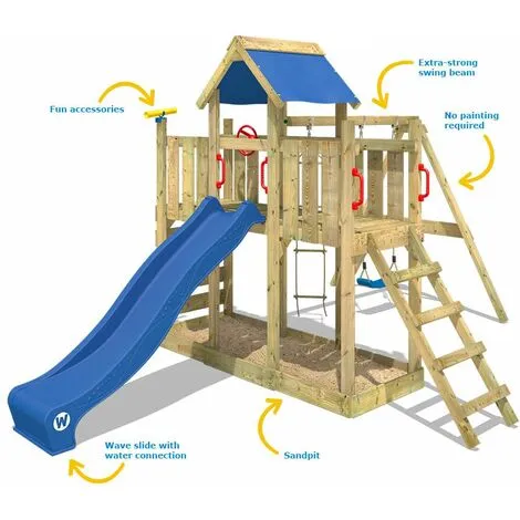 WICKEY Aire De Jeux Portique Bois TwinFlyer Avec Balançoire Et Toboggan Bleu Maison Enfant Exterieur Avec Bac à Sable, échelle D'escalade & Accessoires De Jeux – Image 2