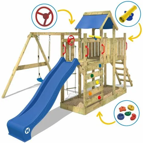 WICKEY Aire De Jeux Portique Bois TwinFlyer Avec Balançoire Et Toboggan Bleu Maison Enfant Exterieur Avec Bac à Sable, échelle D'escalade & Accessoires De Jeux – Image 3