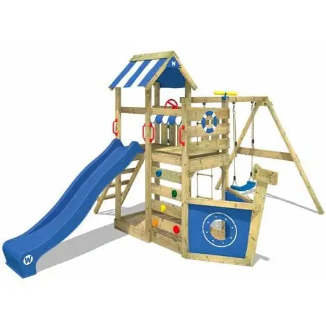 WICKEY Aire De Jeux Portique Bois SeaFlyer Avec Balançoire Et Toboggan Bleu Cabane Enfant Exterieur Avec Bac à Sable, échelle D'escalade & Accessoires De Jeux