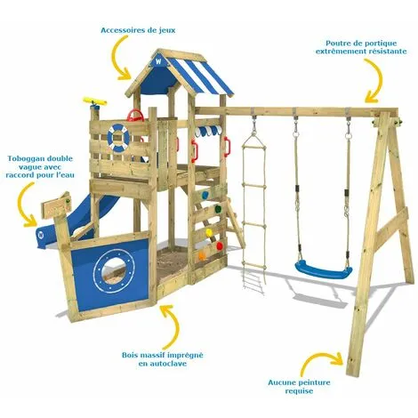 WICKEY Aire De Jeux Portique Bois SeaFlyer Avec Balançoire Et Toboggan Bleu Cabane Enfant Exterieur Avec Bac à Sable, échelle D'escalade & Accessoires De Jeux – Image 2