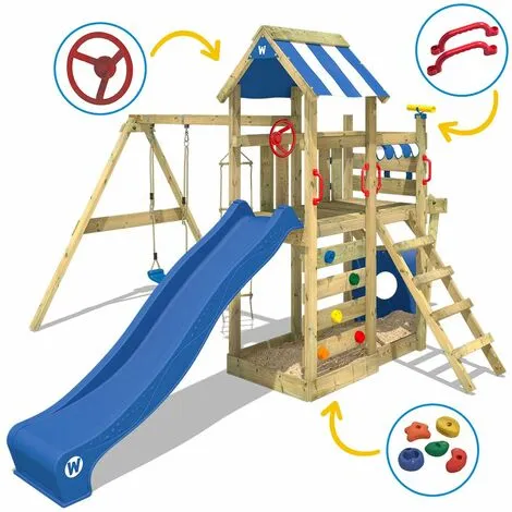 WICKEY Aire De Jeux Portique Bois SeaFlyer Avec Balançoire Et Toboggan Bleu Cabane Enfant Exterieur Avec Bac à Sable, échelle D'escalade & Accessoires De Jeux – Image 3