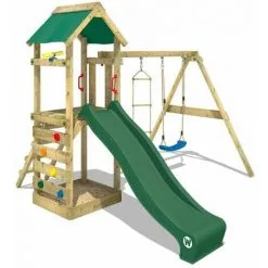 WICKEY Aire De Jeux Portique Bois FreeFlyer Avec Balançoire Et Toboggan Vert Maison Enfant Exterieur Avec Bac à Sable, échelle D'escalade & Accessoires De Jeux