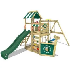 WICKEY Aire De Jeux Portique Bois SeaFlyer Avec Balançoire Et Toboggan Vert Cabane Enfant Exterieur Avec Bac à Sable, échelle D'escalade & Accessoires De Jeux