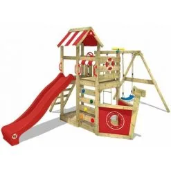 WICKEY Aire De Jeux Portique Bois SeaFlyer Avec Balançoire Et Toboggan Rouge Cabane Enfant Exterieur Avec Bac à Sable, échelle D'escalade & Accessoires De Jeux