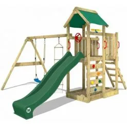 WICKEY Aire De Jeux Portique Bois MultiFlyer Avec Balançoire Et Toboggan Vert Maison Enfant Exterieur Avec Bac à Sable, échelle D'escalade & Accessoires De Jeux