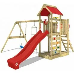 WICKEY Aire De Jeux Portique Bois MultiFlyer Avec Balançoire Et Toboggan Rouge Maison Enfant Exterieur Avec Bac à Sable, échelle D'escalade & Accessoires De Jeux