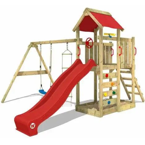 WICKEY Aire De Jeux Portique Bois MultiFlyer Avec Balançoire Et Toboggan Rouge Maison Enfant Exterieur Avec Bac à Sable, échelle D'escalade & Accessoires De Jeux