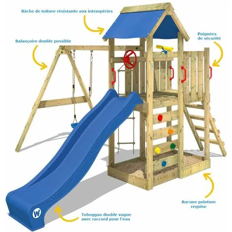 WICKEY Aire De Jeux Portique Bois MultiFlyer Avec Balançoire Et Toboggan Rouge Maison Enfant Exterieur Avec Bac à Sable, échelle D'escalade & Accessoires De Jeux – Image 2