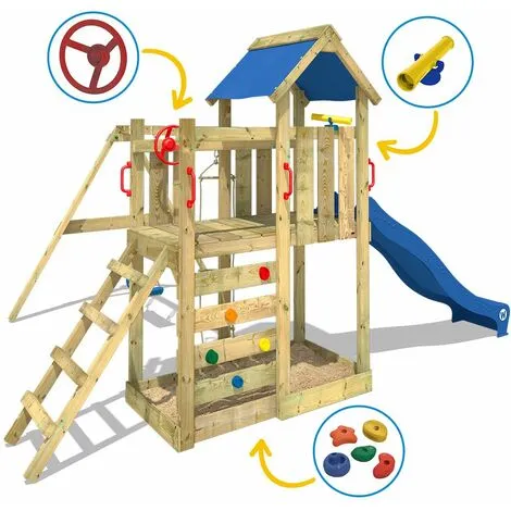WICKEY Aire De Jeux Portique Bois MultiFlyer Avec Balançoire Et Toboggan Rouge Maison Enfant Exterieur Avec Bac à Sable, échelle D'escalade & Accessoires De Jeux – Image 3