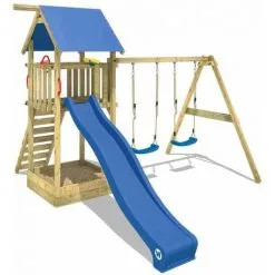 WICKEY Aire De Jeux Portique Bois Smart Empire Avec Balançoire Et Toboggan Bleu Maison Enfant Exterieur Avec Bac à Sable, échelle D'escalade & Accessoires De Jeux