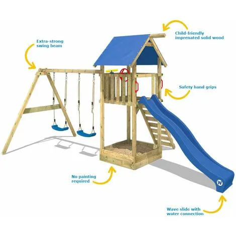 WICKEY Aire De Jeux Portique Bois Smart Empire Avec Balançoire Et Toboggan Bleu Maison Enfant Exterieur Avec Bac à Sable, échelle D'escalade & Accessoires De Jeux – Image 2