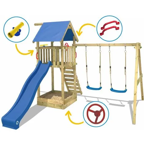 WICKEY Aire De Jeux Portique Bois Smart Empire Avec Balançoire Et Toboggan Bleu Maison Enfant Exterieur Avec Bac à Sable, échelle D'escalade & Accessoires De Jeux – Image 3