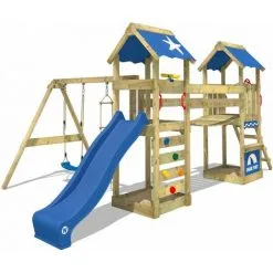 WICKEY Aire De Jeux Portique Bois SunFlyer Avec Balançoire Et Toboggan Bleu Maison Enfant Exterieur Avec Bac à Sable, échelle D'escalade & Accessoires De Jeux
