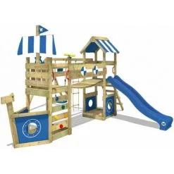 WICKEY Aire De Jeux Portique Bois StormFlyer Avec Balançoire Et Toboggan Bleu Cabane Enfant Exterieur Avec Bac à Sable, échelle D'escalade & Accessoires De Jeux