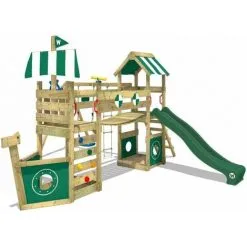 WICKEY Aire De Jeux Portique Bois StormFlyer Avec Balançoire Et Toboggan Vert Cabane Enfant Exterieur Avec Bac à Sable, échelle D'escalade & Accessoires De Jeux
