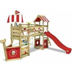 WICKEY Aire De Jeux Portique Bois StormFlyer Avec Balançoire Et Toboggan Rouge Cabane Enfant Exterieur Avec Bac à Sable, échelle D'escalade & Accessoires De Jeux