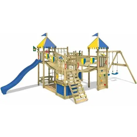 WICKEY Aire De Jeux Portique Bois Smart King Avec Balançoire Et Toboggan Bleu Maison Enfant Exterieur Avec Bac à Sable, échelle D'escalade & Accessoires De Jeux