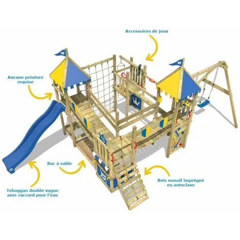 WICKEY Aire De Jeux Portique Bois Smart King Avec Balançoire Et Toboggan Bleu Maison Enfant Exterieur Avec Bac à Sable, échelle D'escalade & Accessoires De Jeux – Image 2