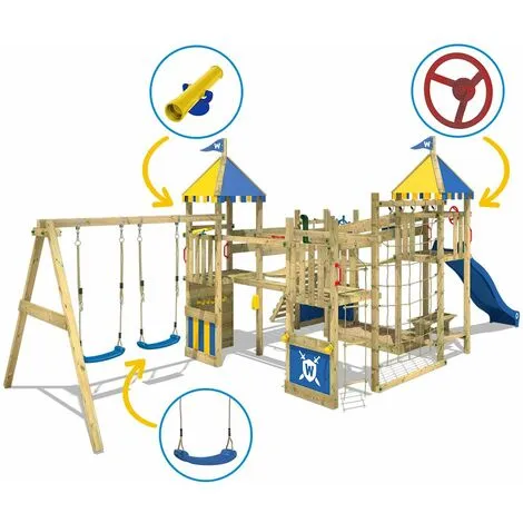 WICKEY Aire De Jeux Portique Bois Smart King Avec Balançoire Et Toboggan Bleu Maison Enfant Exterieur Avec Bac à Sable, échelle D'escalade & Accessoires De Jeux – Image 3