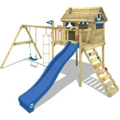 WICKEY Aire De Jeux Portique Bois Smart Plaza Avec Balançoire Et Toboggan Bleu Maison Enfant Sur Pilotis Avec échelle D'escalade