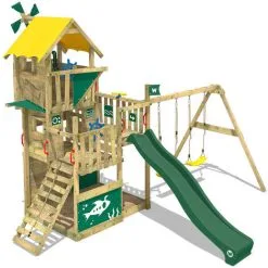 WICKEY Aire De Jeux Portique Bois Smart Flight Avec Balançoire Et Toboggan Vert Cabane Enfant Exterieur Avec Bac à Sable