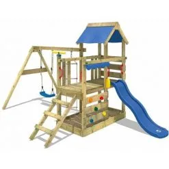WICKEY Aire De Jeux Portique Bois TurboFlyer Avec Balançoire Et Toboggan Bleu Maison Enfant Exterieur Avec Bac à Sable, échelle D'escalade & Accessoires De Jeux