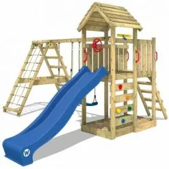 WICKEY Aire De Jeux Portique Bois RocketFlyer Avec Balançoire Et Toboggan Bleu Maison Enfant Exterieur Avec Bac à Sable, échelle D'escalade & Accessoires De Jeux