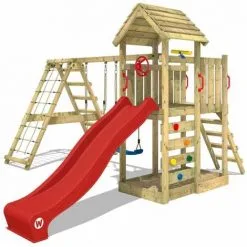 WICKEY Aire De Jeux Portique Bois RocketFlyer Avec Balançoire Et Toboggan Rouge Maison Enfant Exterieur Avec Bac à Sable, échelle D'escalade & Accessoires De Jeux