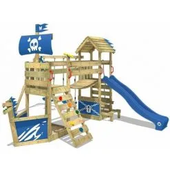 WICKEY Aire De Jeux Portique Bois GhostFlyer Avec Balançoire Et Toboggan Bleu Cabane Enfant Exterieur Avec Bac à Sable, échelle D'escalade & Accessoires De Jeux