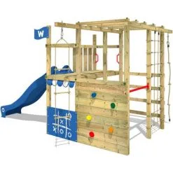 WICKEY Aire De Jeux Portique Bois Smart Champ Avec Toboggan Bleu Échafaudage Grimpant Avec Mur D'escalade & Accessoires De Jeux