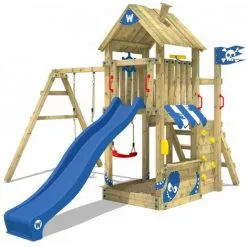 WICKEY Aire De Jeux Portique Bois The Proud Parrot Avec Balançoire Et Toboggan Bleu Maison Enfant Exterieur Avec Bac à Sable, échelle D'escalade & Accessoires De Jeux