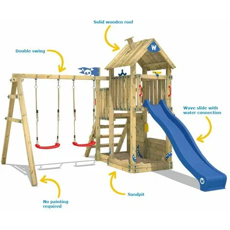 WICKEY Aire De Jeux Portique Bois The Proud Parrot Avec Balançoire Et Toboggan Bleu Maison Enfant Exterieur Avec Bac à Sable, échelle D'escalade & Accessoires De Jeux – Image 2