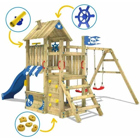WICKEY Aire De Jeux Portique Bois The Proud Parrot Avec Balançoire Et Toboggan Bleu Maison Enfant Exterieur Avec Bac à Sable, échelle D'escalade & Accessoires De Jeux – Image 3
