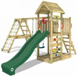 WICKEY Aire De Jeux Portique Bois RocketFlyer Avec Balançoire Et Toboggan Vert Maison Enfant Exterieur Avec Bac à Sable, échelle D'escalade & Accessoires De Jeux