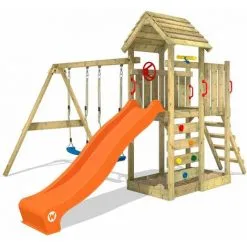 WICKEY Aire De Jeux Portique Bois MultiFlyer Toit En Bois Avec Balançoire Et Toboggan Orange Maison Enfant Exterieur Avec Bac à Sable, échelle D'escalade & Accessoires De Jeux