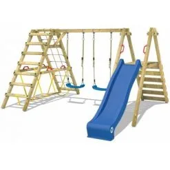 WICKEY Portique Balançoire Aire De Jeux Smart Shake Avec Toboggan Bleu - Extension D'escalade